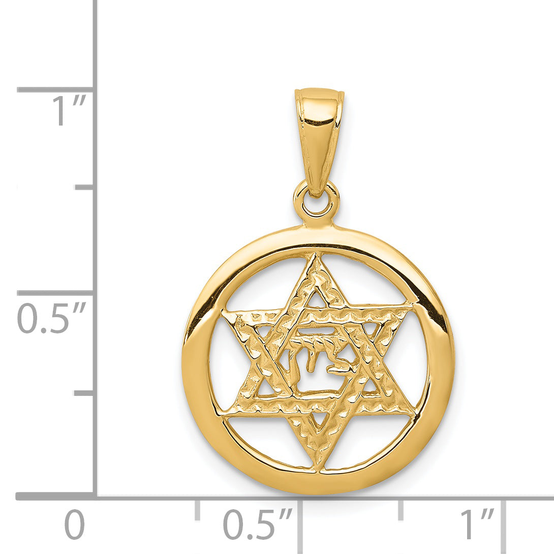 14K Jewish Chai In Star Of David Round Pendant C3986