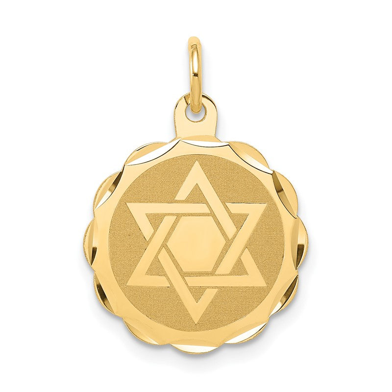 14k Solid Star of David Round Disc with Scalloped Edge Charm XR416