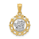 14k and White Rhodium Scalloped Frame Cherub Round Pendant REL163