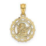 14k and White Rhodium Scalloped Frame Cherub Round Pendant REL163
