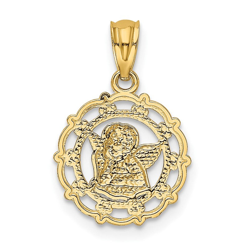 14k and White Rhodium Scalloped Frame Cherub Round Pendant REL163