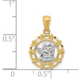 14k and White Rhodium Scalloped Frame Cherub Round Pendant REL163