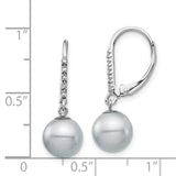 14k White Gold 8-9mm Grey Round Freshwater Cultured Pearl and .05 Carat Diamond Dangle Leverback Earrings XF701E