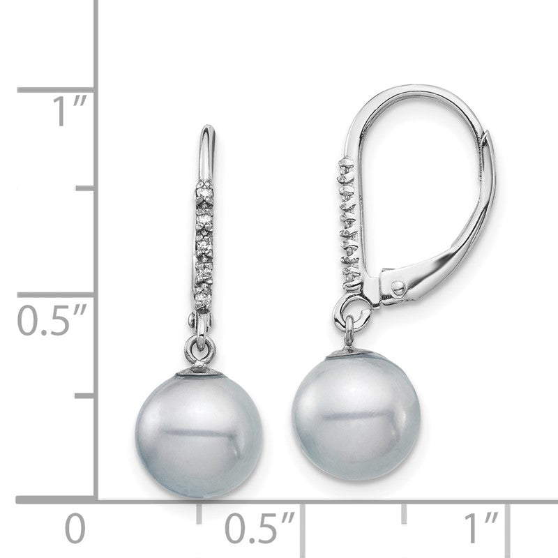 14k White Gold 8-9mm Grey Round Freshwater Cultured Pearl and .05 Carat Diamond Dangle Leverback Earrings XF701E
