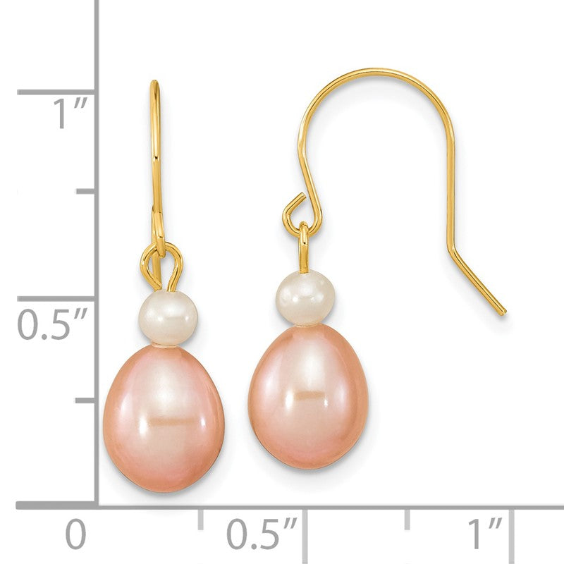 14k 7-8mm Pink Rice and White Round Freshwater Cultured Pearl Dangle Earrings XF679E