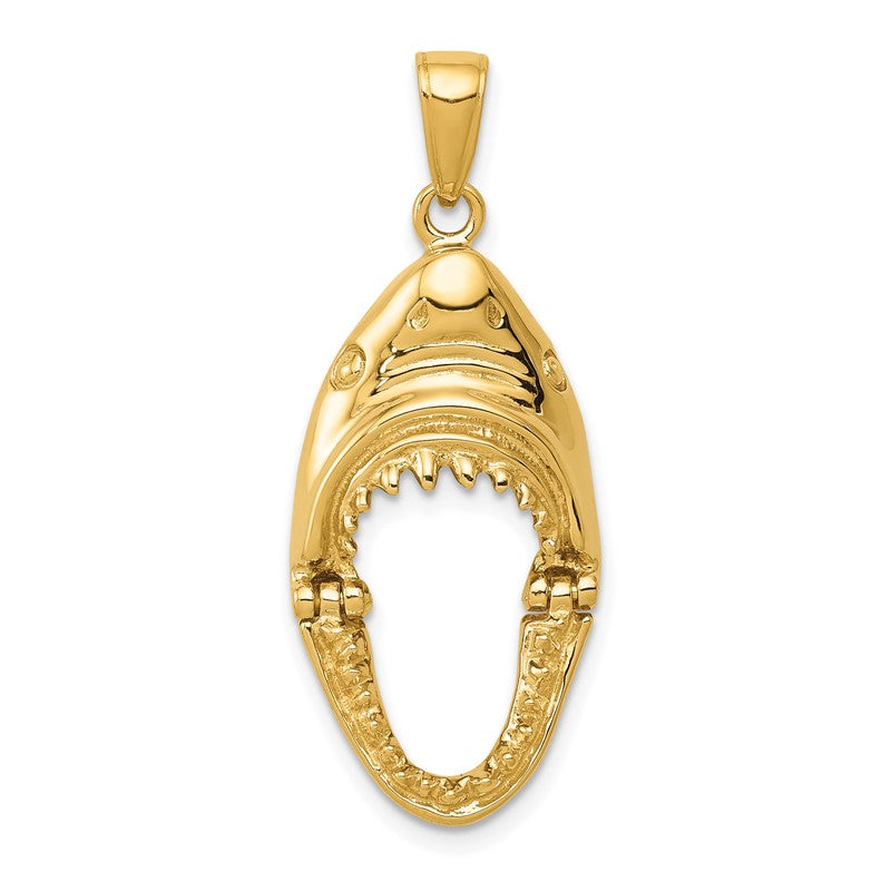 14K Gold Polished 2-D Jaws Shark Head Mouth Opens Pendant K5343