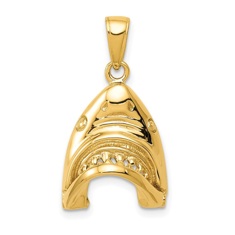 14K Gold Polished 2-D Jaws Shark Head Mouth Opens Pendant K5343