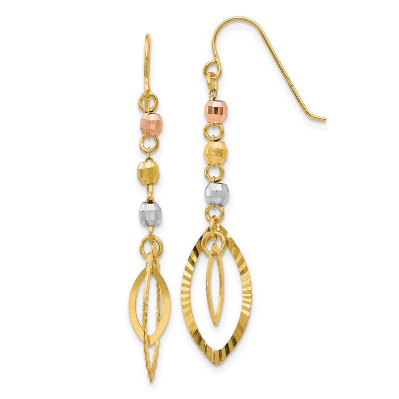 14K Tri-Color Diamond-cut Bead Oval Dangle French Hook Earrings TH539