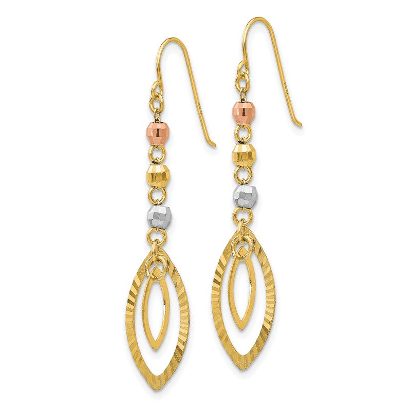 14K Tri-Color Diamond-cut Bead Oval Dangle French Hook Earrings TH539