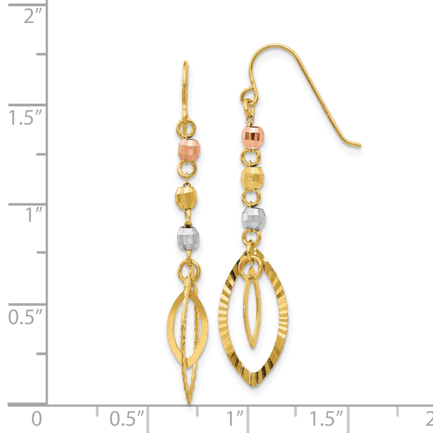 14K Tri-Color Diamond-cut Bead Oval Dangle French Hook Earrings TH539