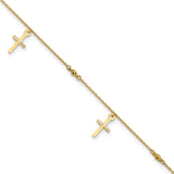 14k Diamond-cut 3 Cross Dangles and Beads 9 inch Plus 1 inch Extender - Total 10 inch Anklet ANK267