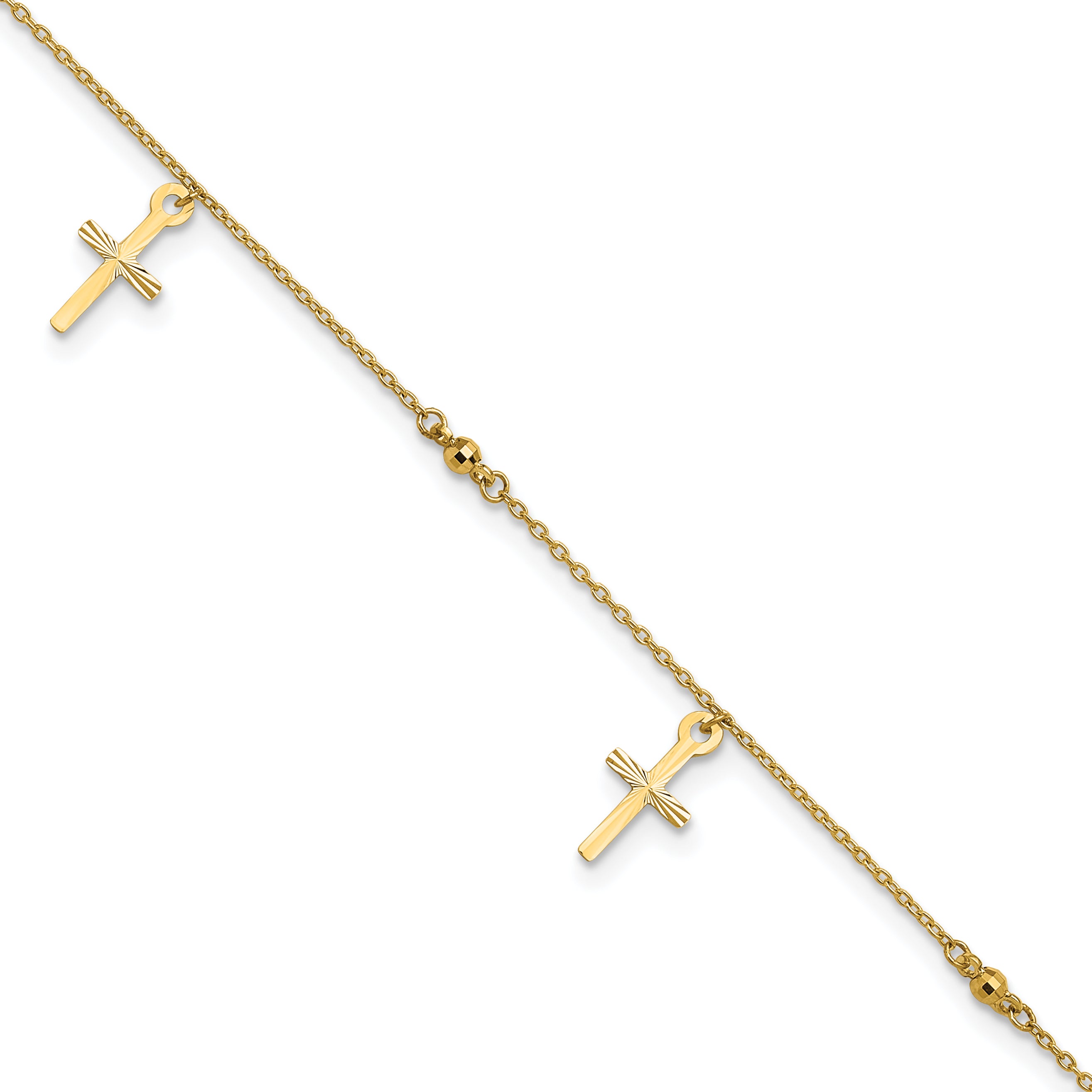 14k Diamond-cut 3 Cross Dangles and Beads 9 inch Plus 1 inch Extender - Total 10 inch Anklet ANK267
