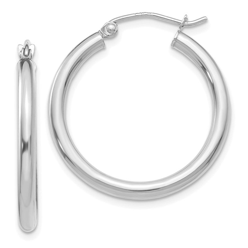 14K White Gold 2.5x25mm Polished Round Tube Hoop Earrings T839