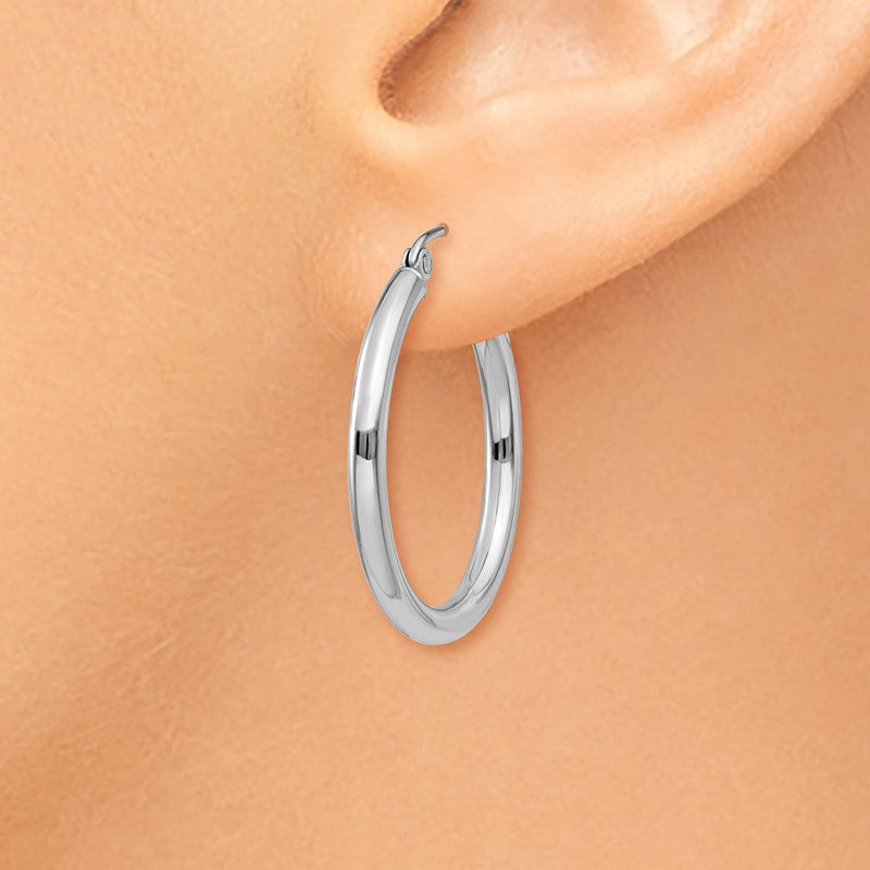 14K White Gold 2.5x25mm Polished Round Tube Hoop Earrings T839