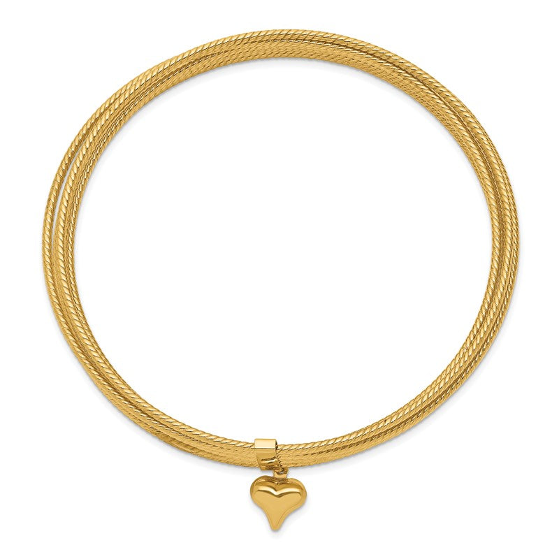 14K Polished and Textured with Dangle Heart 7-Strand 11.00mm Slip-on Round Bangle Bracelet DB531