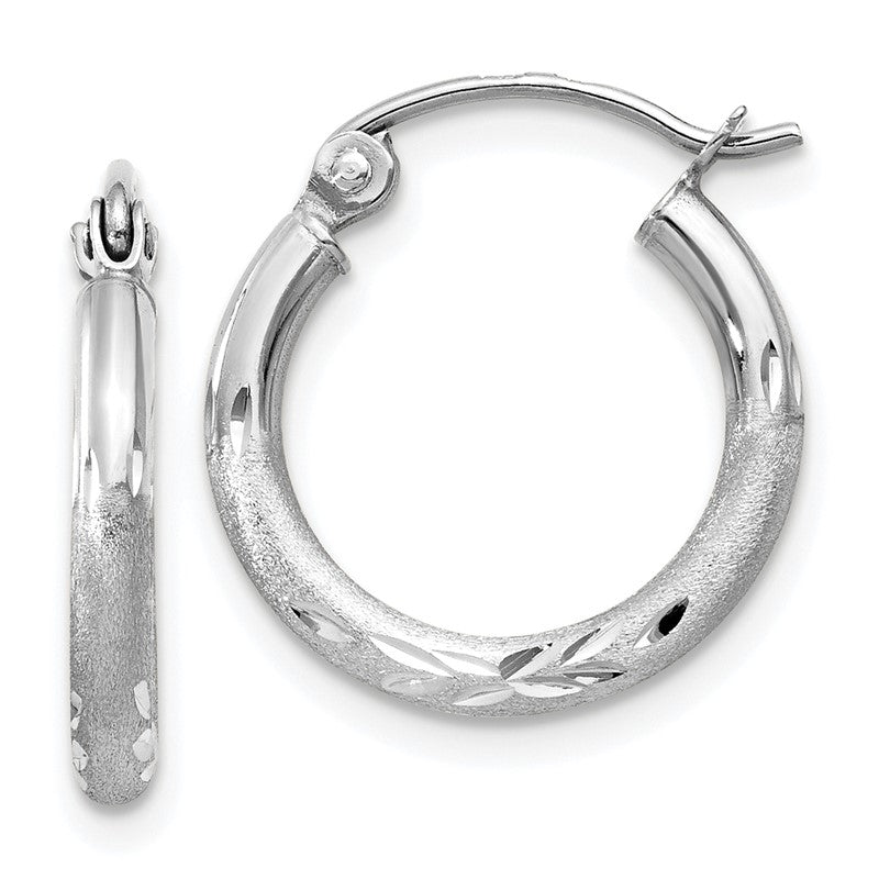 14k White Gold 2x15mm Satin Diamond-cut Round Tube Hoop Earrings TC199