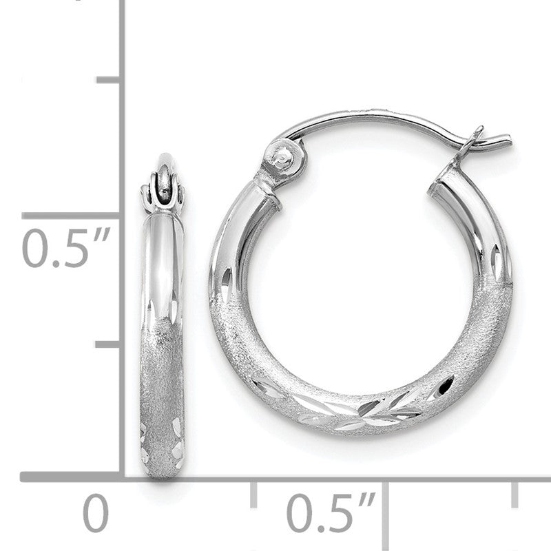 14k White Gold 2x15mm Satin Diamond-cut Round Tube Hoop Earrings TC199