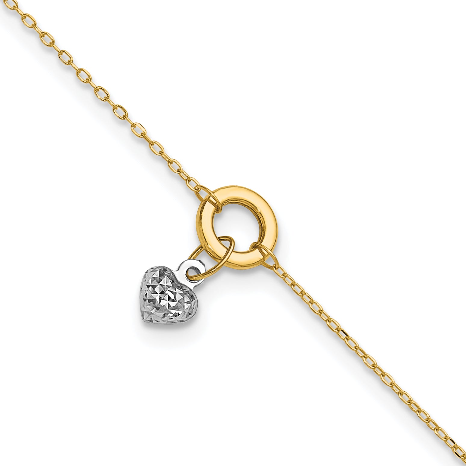 14K Two-tone Circle with Diamond-cut Puffed Heart Dangle 9 inch Plus 1 inch Extender - Total 10 inch Anklet ANK243