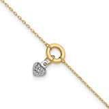 14K Two-tone Circle with Diamond-cut Puffed Heart Dangle 9 inch Plus 1 inch Extender - Total 10 inch Anklet ANK243