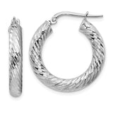 14k White Gold 4x22mm Diamond-cut Round Tube Hoop Earrings TF1333W