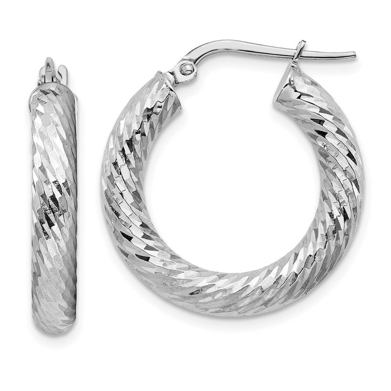 14k White Gold 4x22mm Diamond-cut Round Tube Hoop Earrings TF1333W