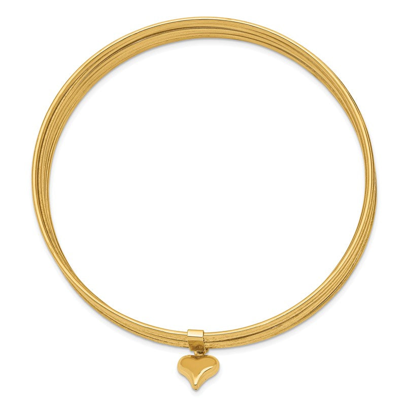 14K Oversize Polished and Textured with Dangle Heart 7-Strand 11.00mm Slip-on Round Bangle Bracelet DB534O