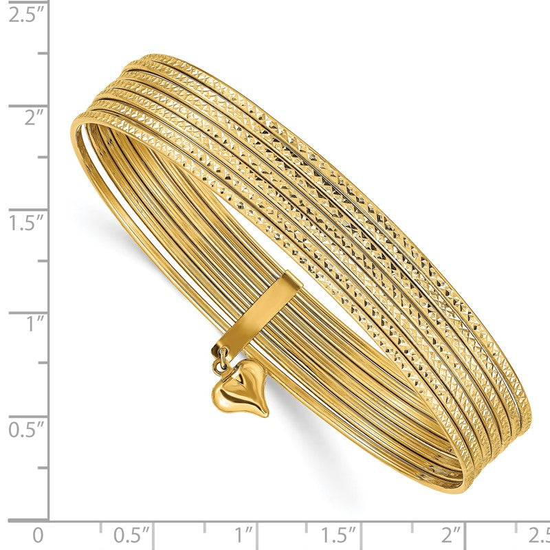 14K Oversize Polished and Textured with Dangle Heart 7-Strand 11.00mm Slip-on Round Bangle Bracelet DB534O