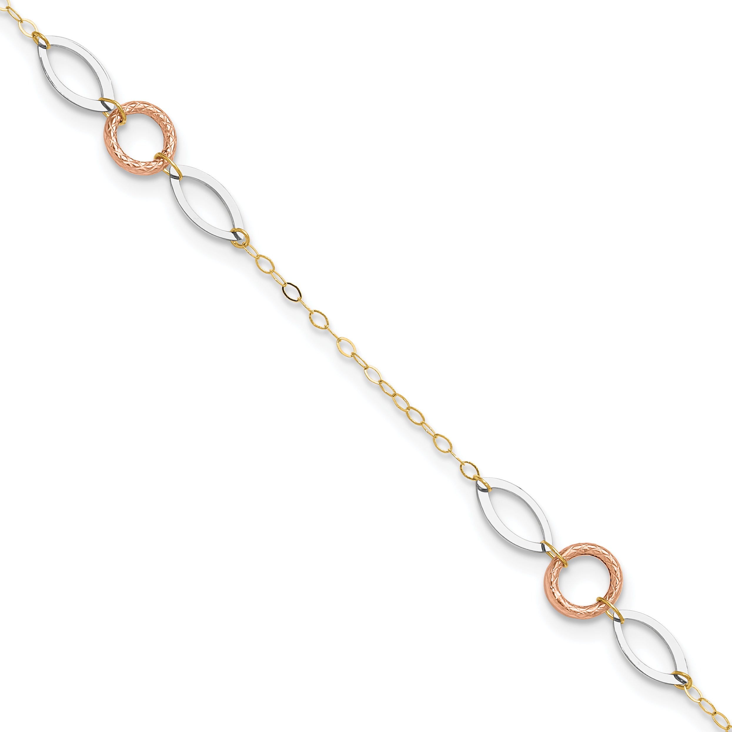 14k Tri-color Circle and Oval 3-Station 9 inch Plus 1 inch Extender - Total 10 inch Anklet ANK222