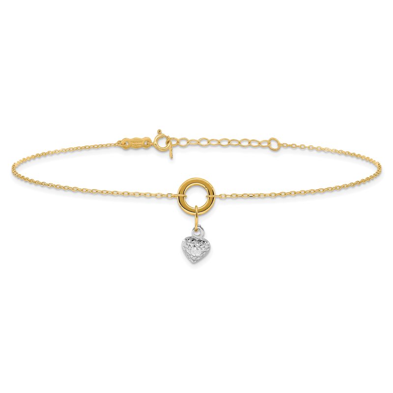 14K Two-tone Circle with Diamond-cut Puffed Heart Dangle 9 inch Plus 1 inch Extender - Total 10 inch Anklet ANK243