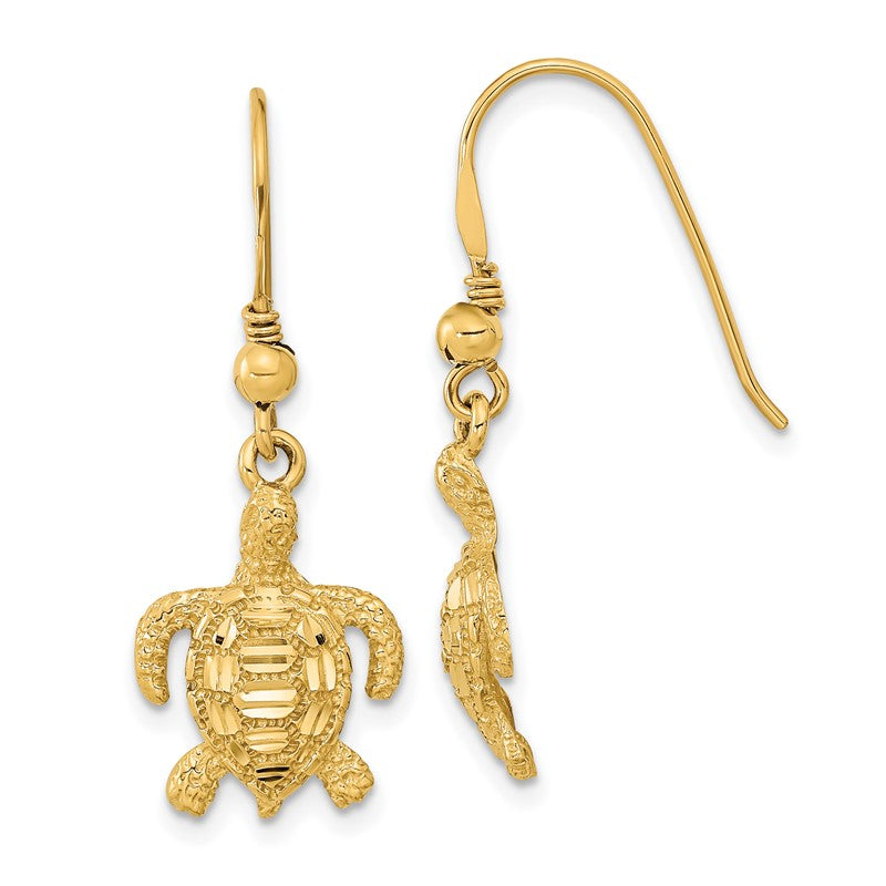 14k Polished and Textured Diamond-cut Turtle French Hook Earrings TC996