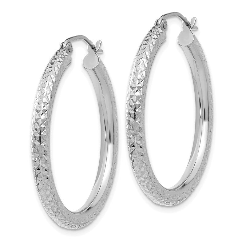 14k White Gold 3x30mm Diamond-cut Round Tube Hoop Earrings TC252