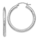 14k White Gold 3x30mm Diamond-cut Round Tube Hoop Earrings TC252