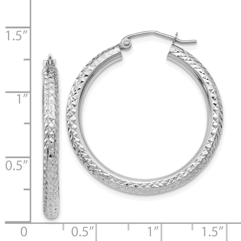 14k White Gold 3x30mm Diamond-cut Round Tube Hoop Earrings TC252