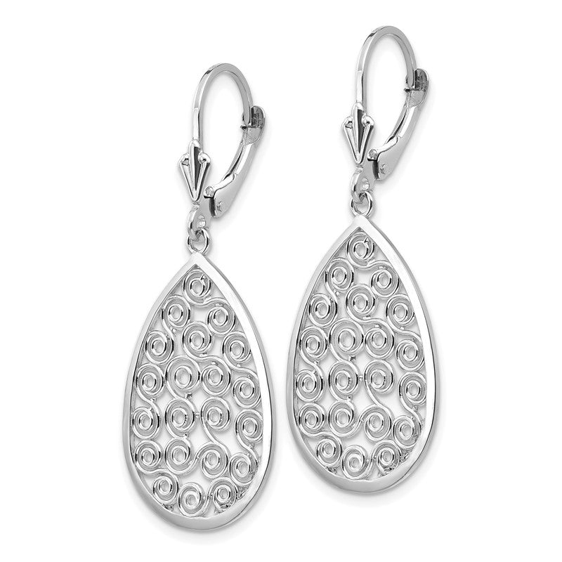 14k White Gold Teardrop Filigree Dangle Leverback Earrings K1395