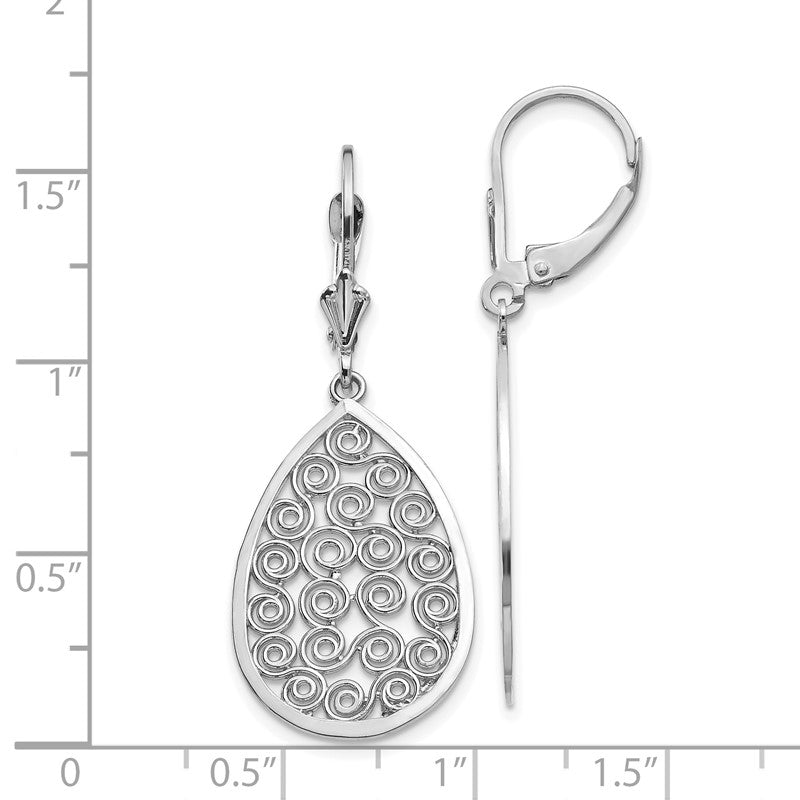 14k White Gold Teardrop Filigree Dangle Leverback Earrings K1395