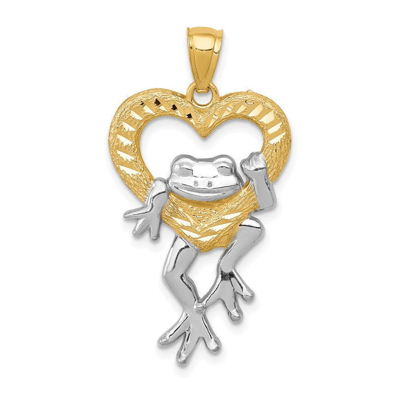 14k and White Rhodium Diamond-cut Frog in Heart Pendant K3293