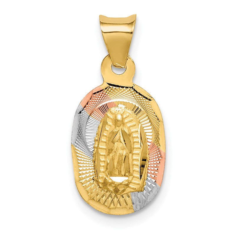 14K with Rose and White Rhodium Diamond-cut Solid Our Lady Of Guadalupe Oval Pendant K5637