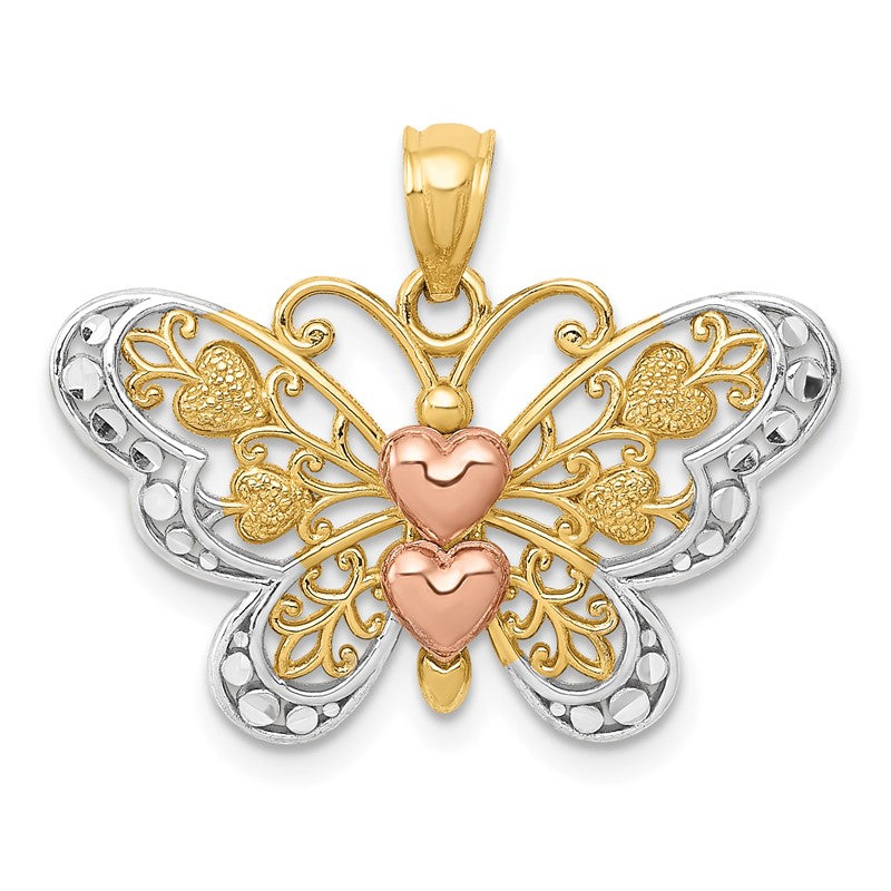 14k Two-tone with White Rhodium Butterfly with Hearts Pendant D4201