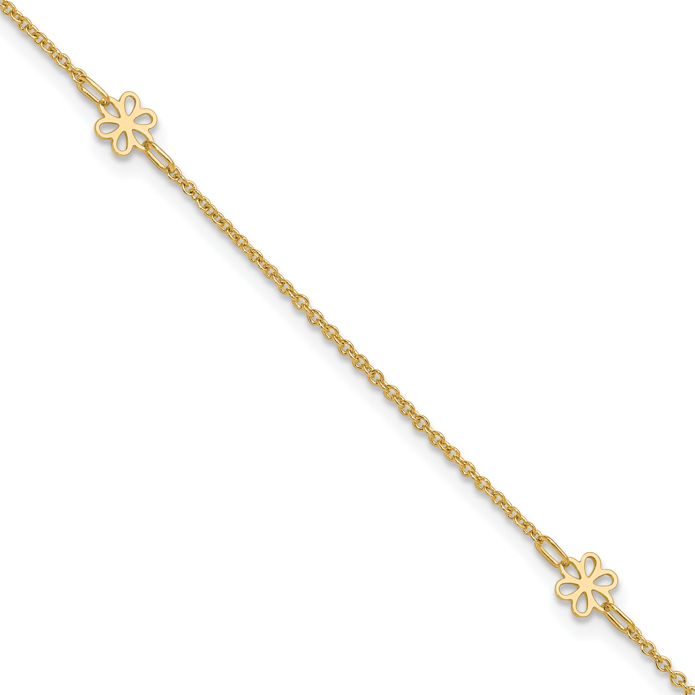 14K Flowers 3-Station with Flower Dangle 10 inch Plus 1 inch Extender - Total 11 inch Anklet ANK306