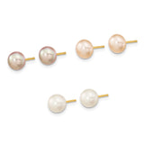 14k 6-7mm Multicolor Button Freshwater Cultured Pearl Boxed 3 Pair Post Earrings Set XF680SET