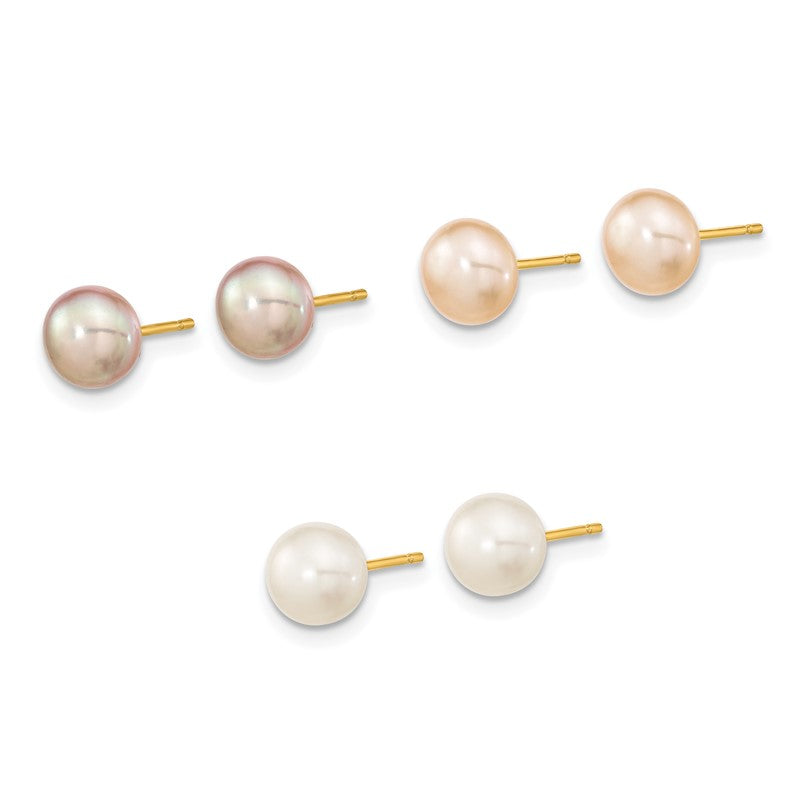 14k 6-7mm Multicolor Button Freshwater Cultured Pearl Boxed 3 Pair Post Earrings Set XF680SET