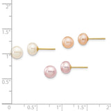 14k 6-7mm Multicolor Button Freshwater Cultured Pearl Boxed 3 Pair Post Earrings Set XF680SET
