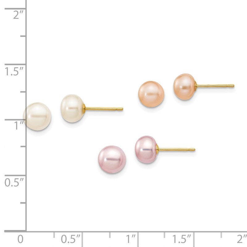 14k 6-7mm Multicolor Button Freshwater Cultured Pearl Boxed 3 Pair Post Earrings Set XF680SET