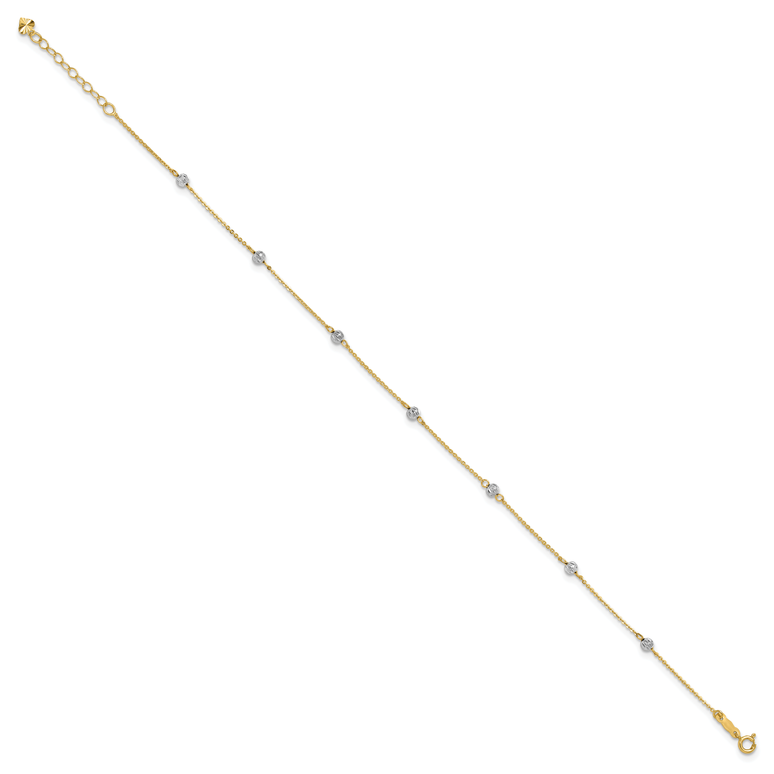 14K Two-tone Diamond-cut Beads 7-Station 9 inch Plus 1 inch Extender - Total 10 inch Anklet ANK261
