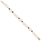 14K 6-7mm White Semi-Round and Rice Freshwater Cultured Pearl and Garnet Beads 7.25 inch Bracelet XF444