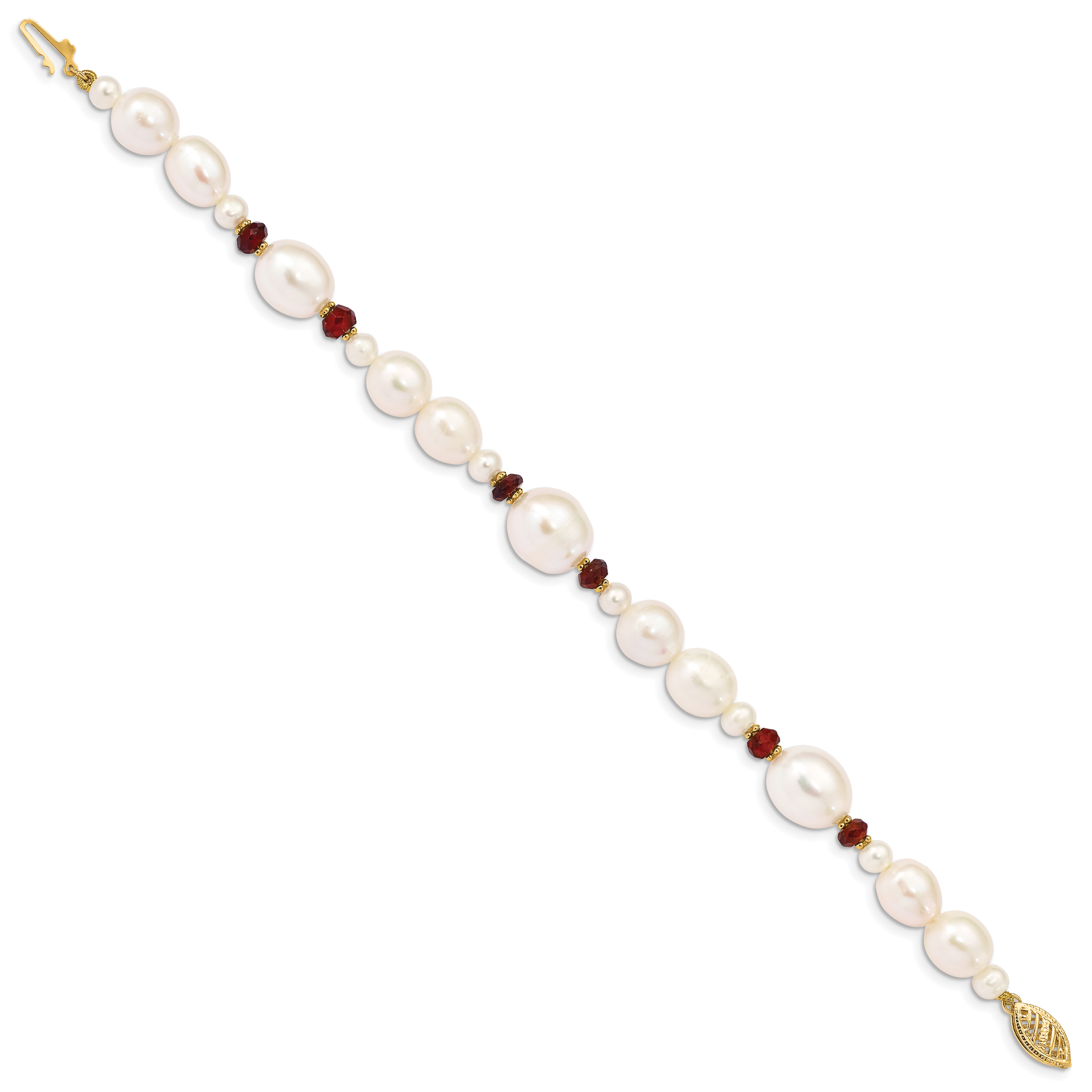 14K 6-7mm White Semi-Round and Rice Freshwater Cultured Pearl and Garnet Beads 7.25 inch Bracelet XF444