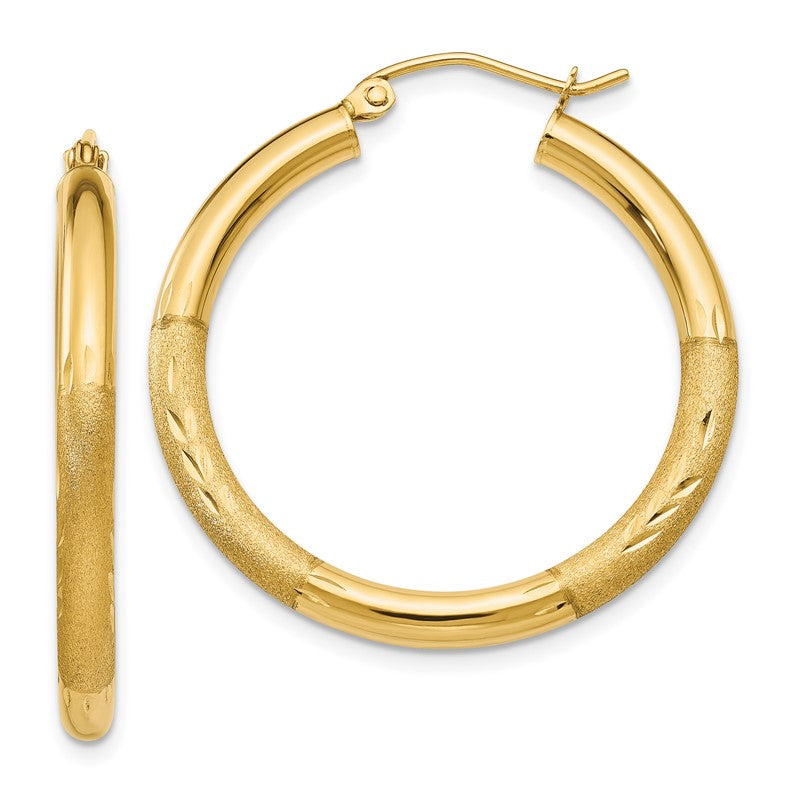 14k 3x30mm Satin Diamond-cut Round Tube Hoop Earrings TC288