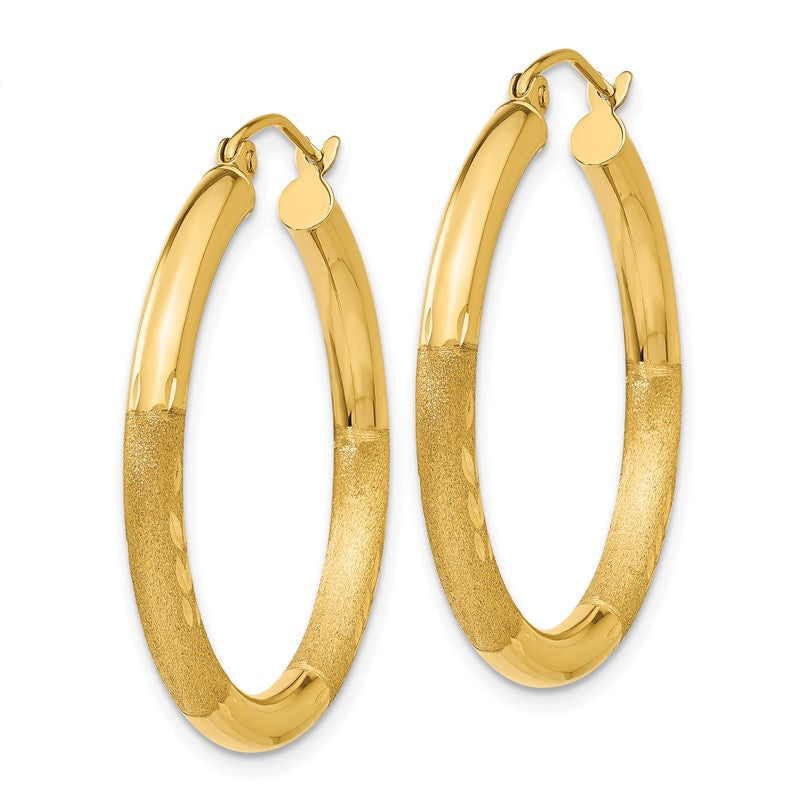 14k 3x30mm Satin Diamond-cut Round Tube Hoop Earrings TC288