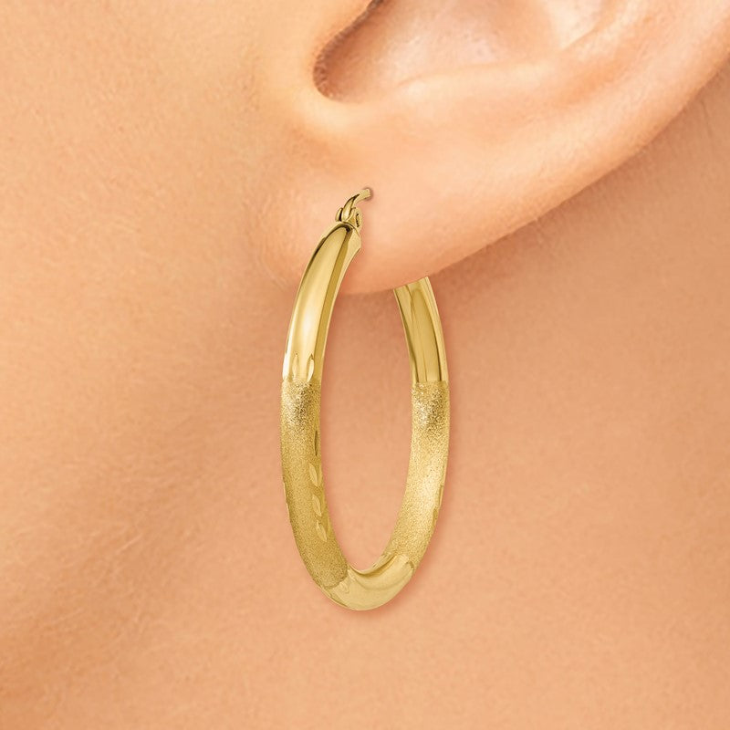 14k 3x30mm Satin Diamond-cut Round Tube Hoop Earrings TC288