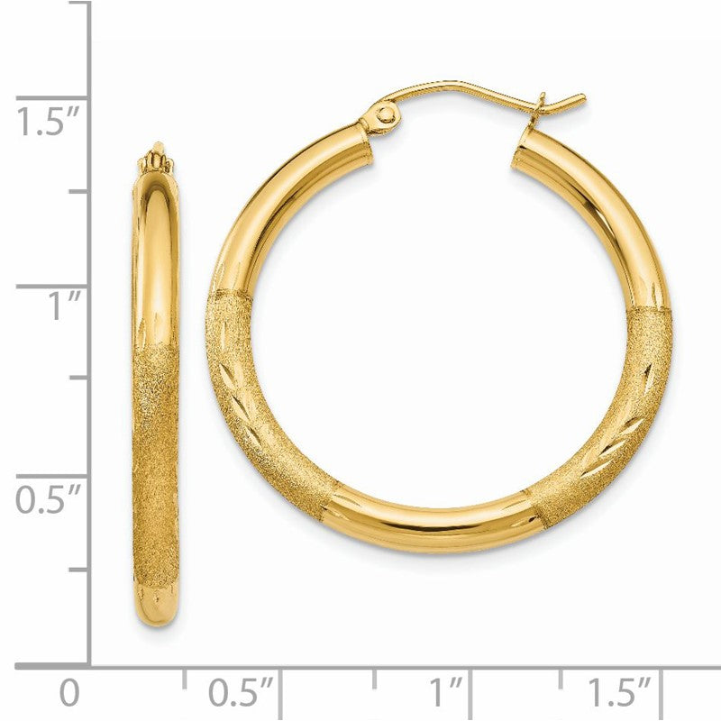 14k 3x30mm Satin Diamond-cut Round Tube Hoop Earrings TC288